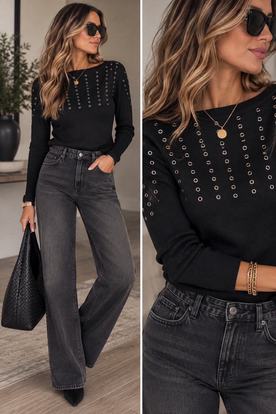 Vintage 90s Cache Rivet Long Sleeve Ribbed Knit Stretch Sweater Black Women's M